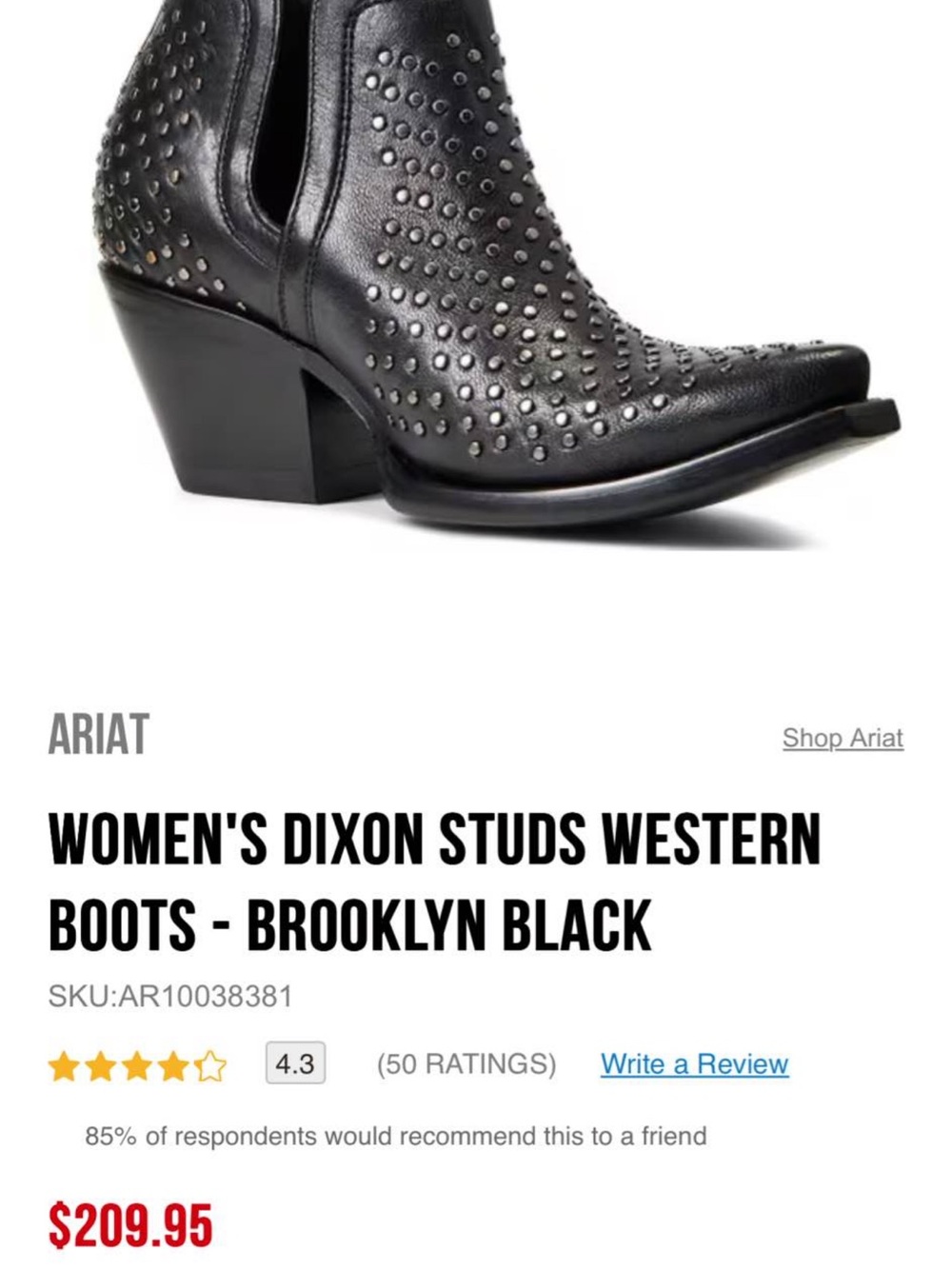 Ariat Women's Dixon Studded Western Boot — Black